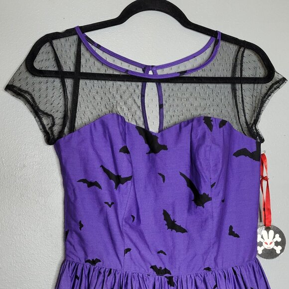 Purple Rockabilly Goth Punk Halloween Dress Bats Haunted House Print Sheer Mesh - Picture 4 of 11